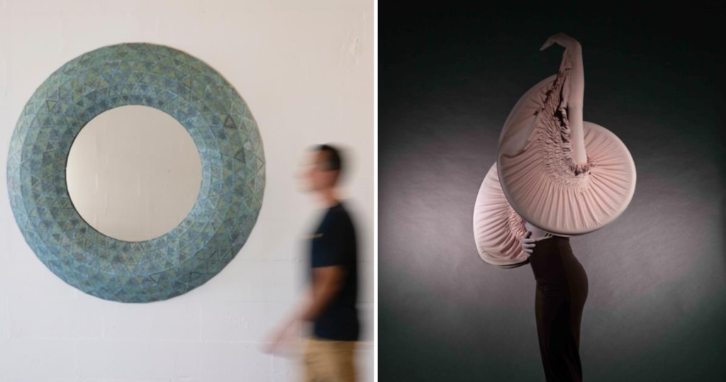 Links: monumentale spiegel van Van Erp Objects, rechts: sculpturale mode van Fauh